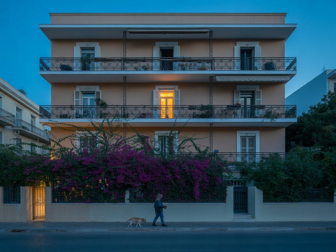 Neoclassical apartment building exterior in Psychiko, North Athens at golden hour — Estia