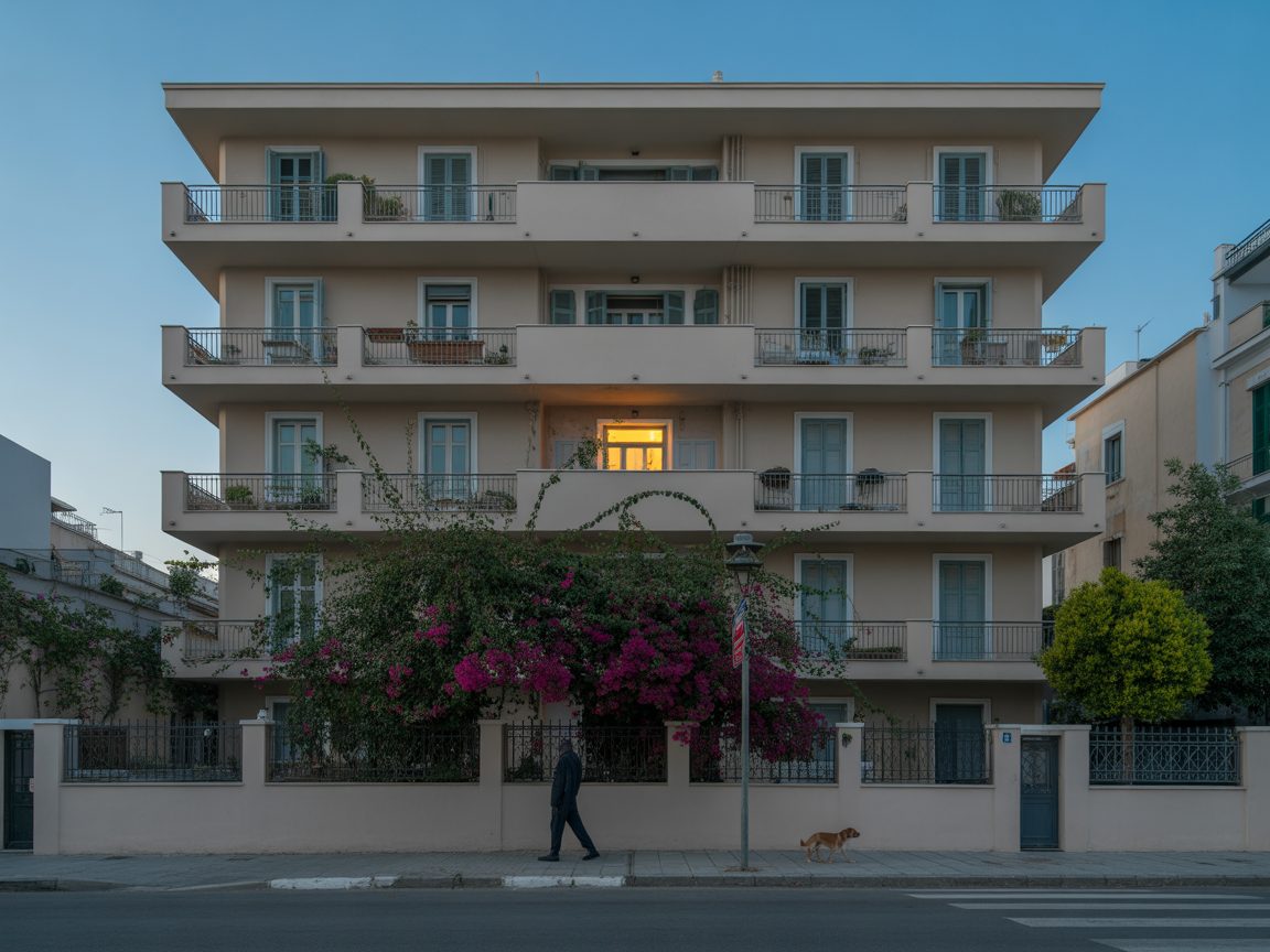 Neoclassical apartment building exterior in Athens, Mets at golden hour — Estia