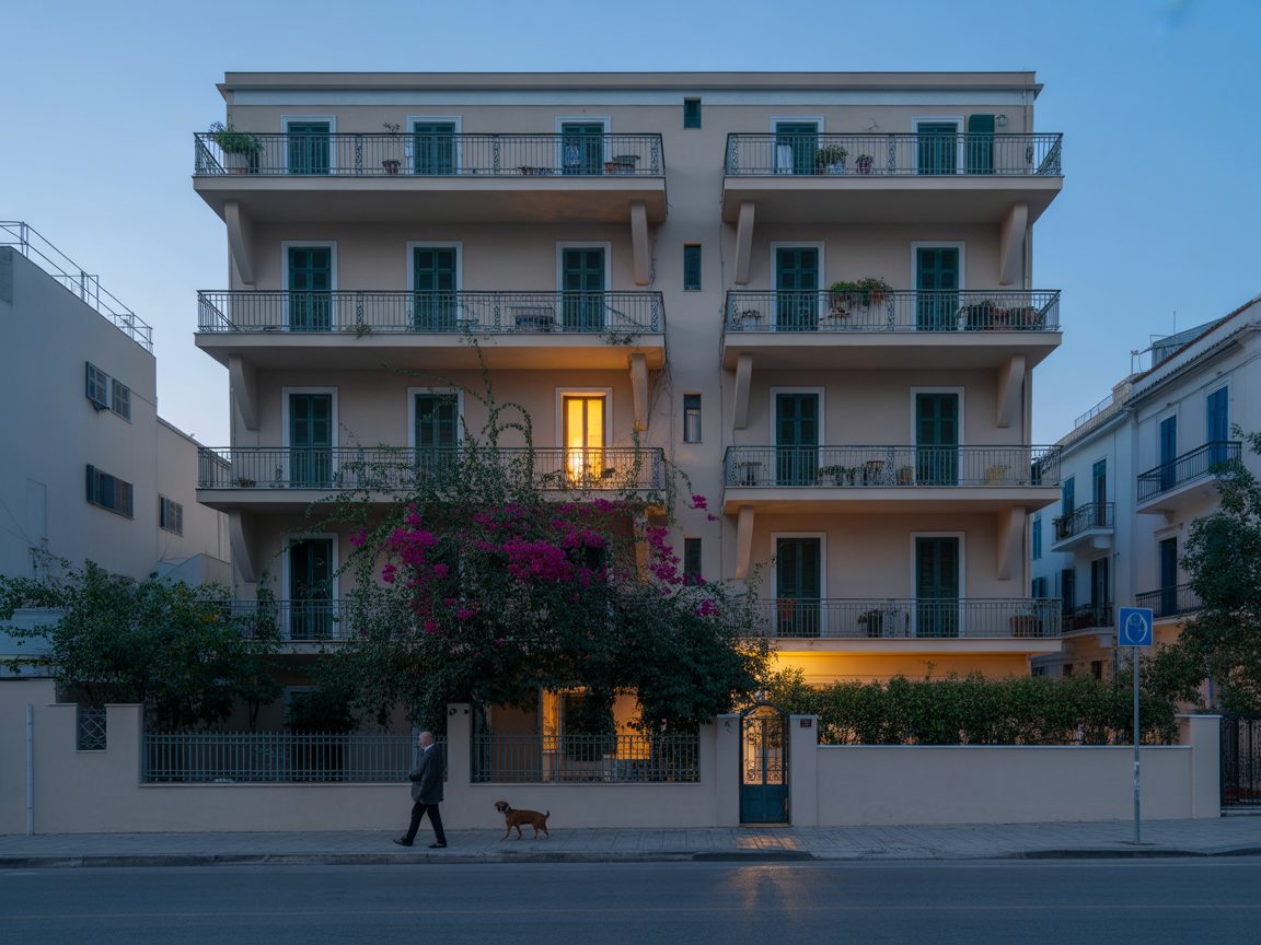 Neoclassical apartment building exterior in Marathon, East Attica at golden hour — Estia