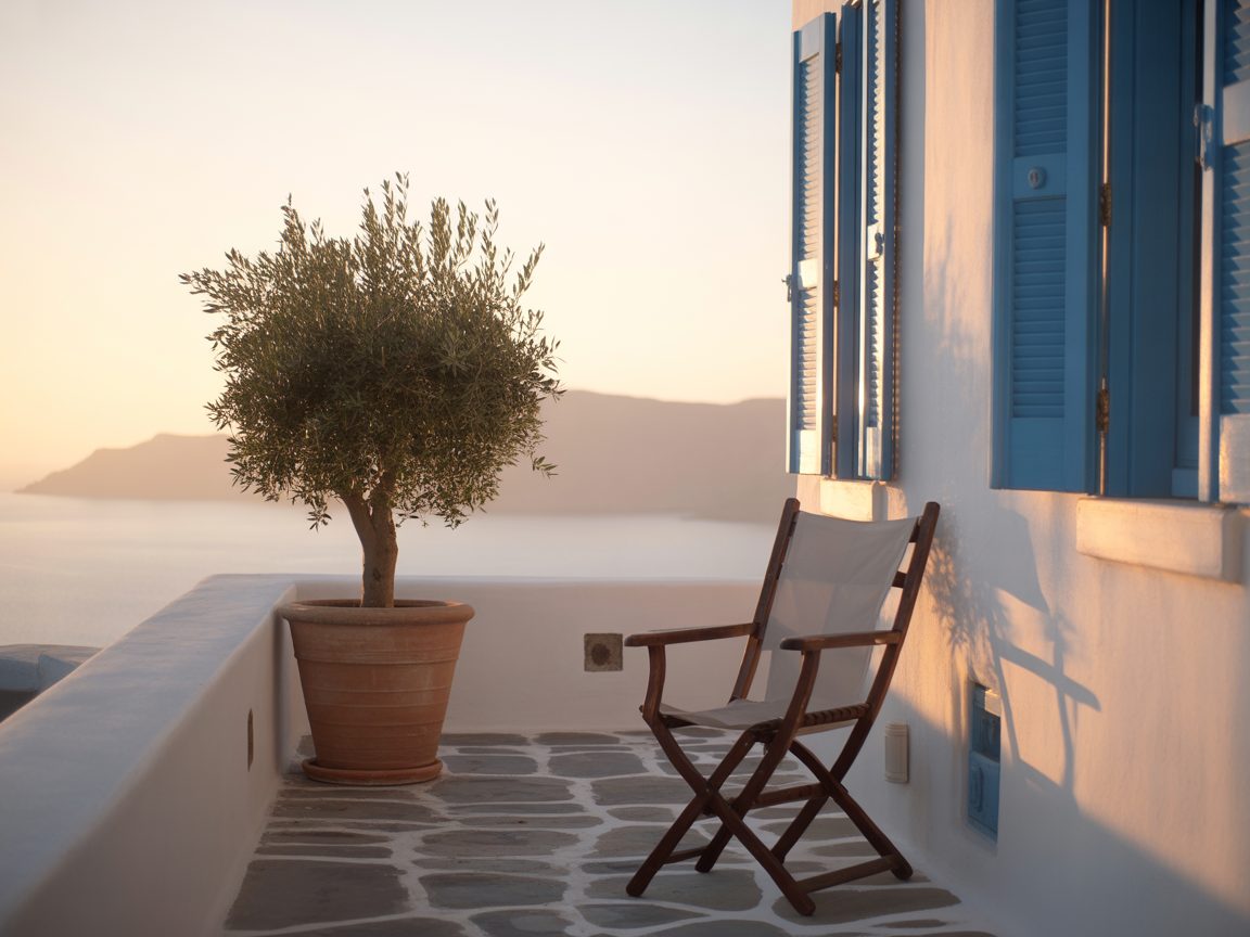 Shuttered Greek balcony at golden hour, terracotta pot and weathered blue shutters — Estia year-round care