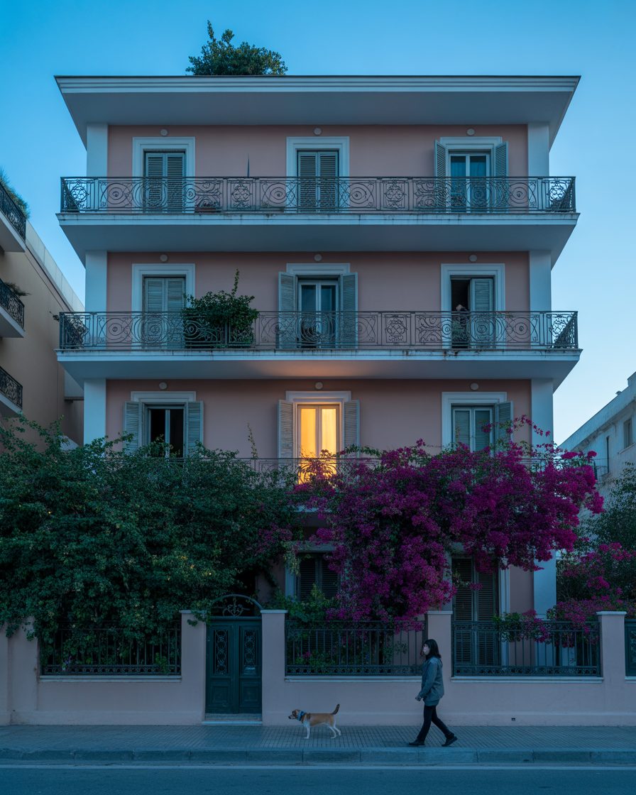 Shuttered Greek balcony at golden hour overlooking Kavouri, Athens Riviera — Estia editorial