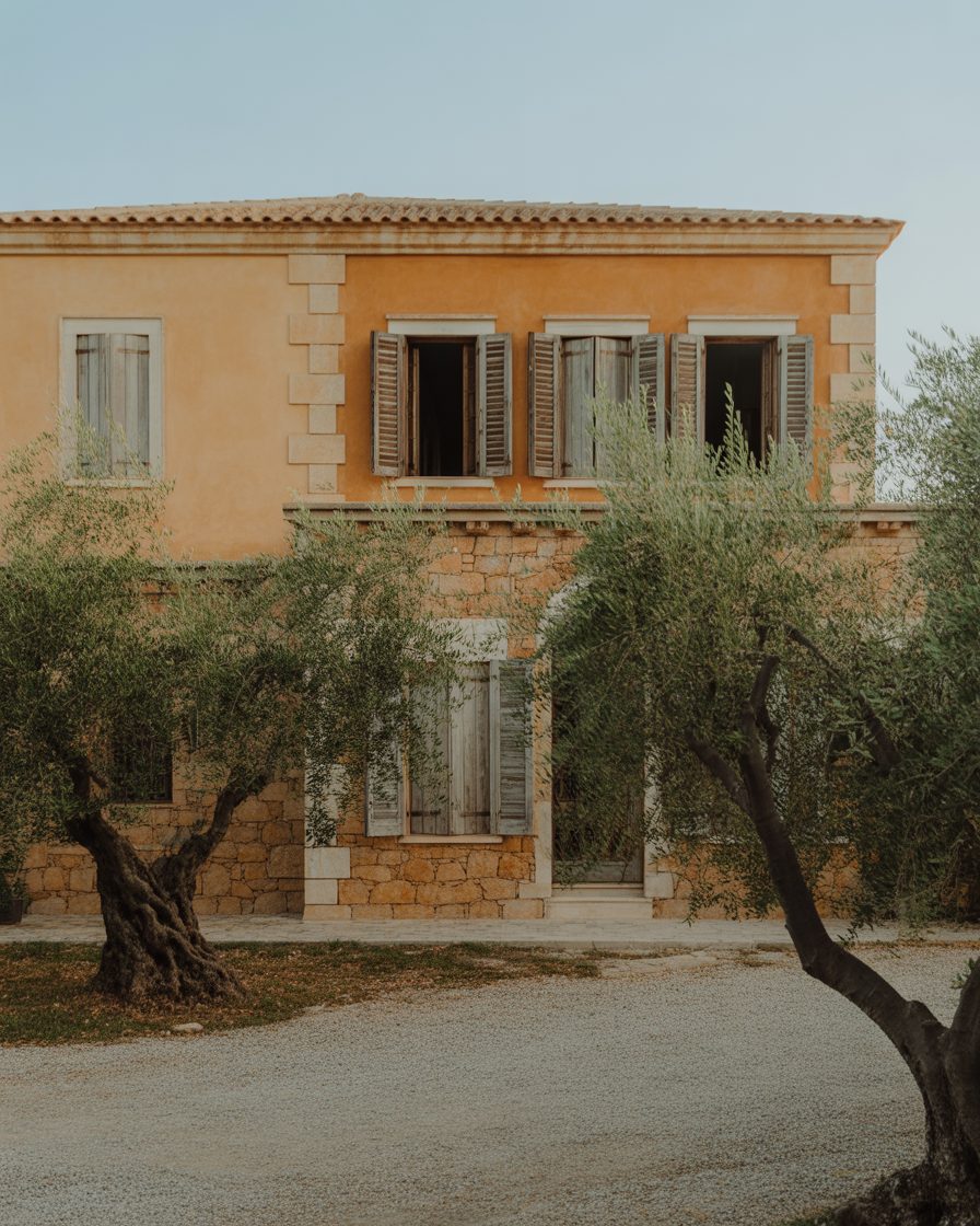 Shuttered Greek balcony at golden hour overlooking Voula, Athens Riviera — Estia editorial
