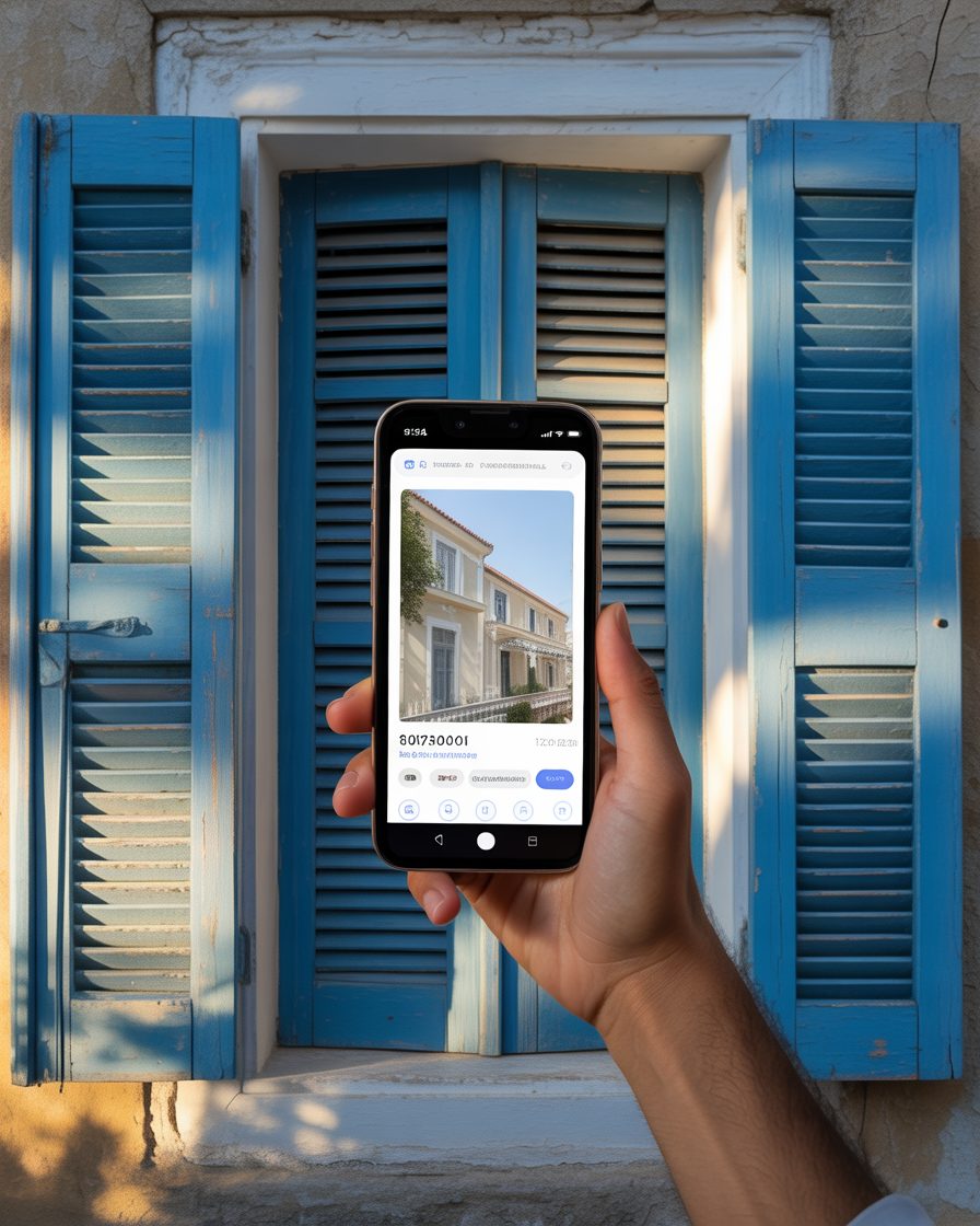 Shuttered Greek balcony at golden hour overlooking Cape Sounion, East Attica — Estia editorial