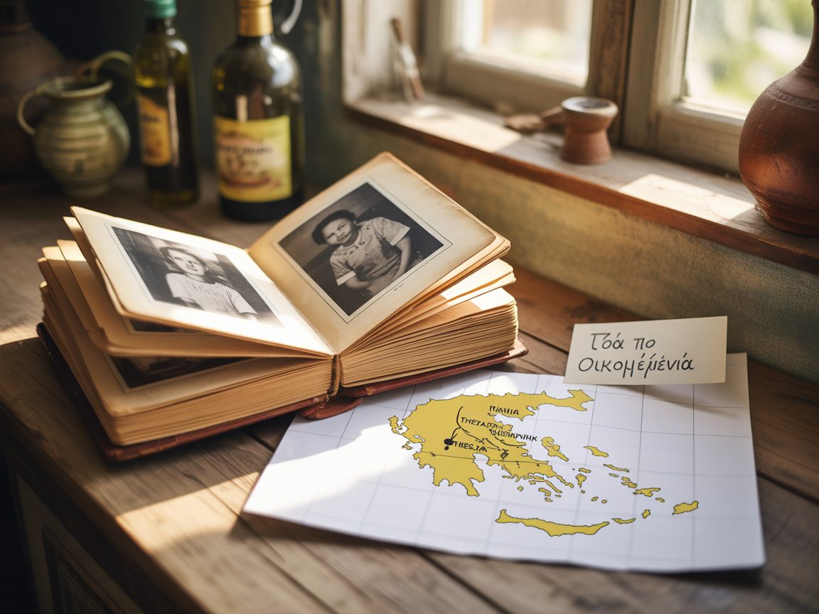 Family photo album and map of Greece on a kitchen table — multigenerational property