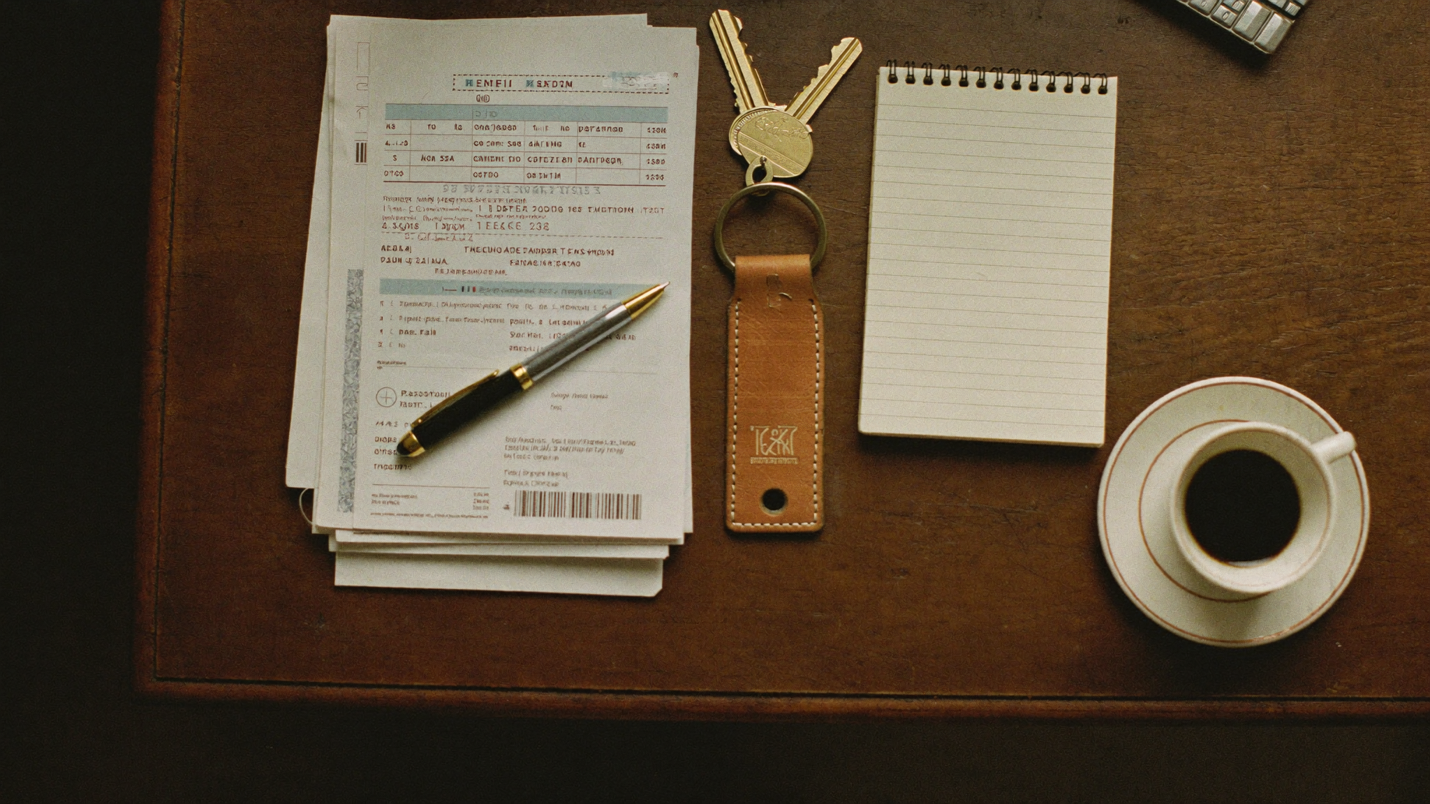 Greek property admin — utility bills, ENFIA notice, building keys and morning coffee on a wooden desk in Thessaloniki, prepared for handover to the owner's accountant