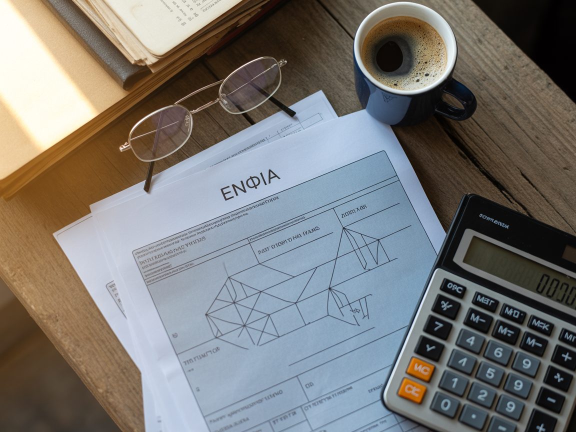 Editorial overhead flat-lay of a Greek wooden desk — property documents, brass key, fountain pen, espresso — Estia records