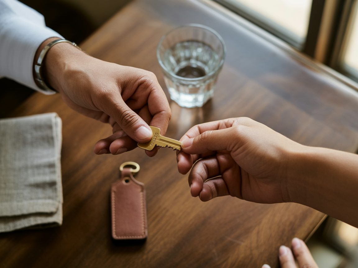 Overhead shot of two hands meeting over a wooden table, one passing a brass house key on a leather fob to the other — Estia single keyholder model