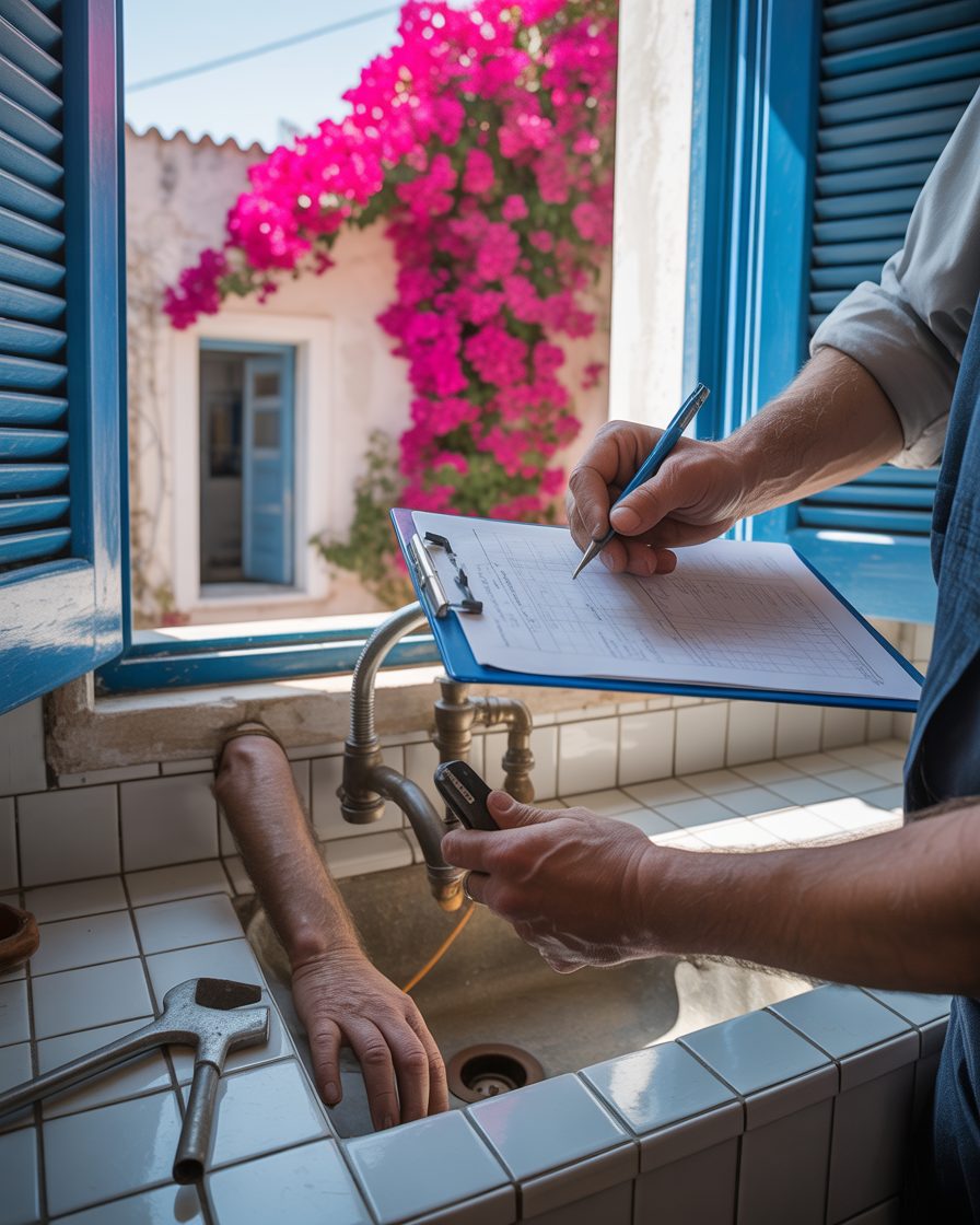 A hand holding a smartphone showing a timestamped property inspection photo inside a sunlit Athens apartment — Estia visit documentation