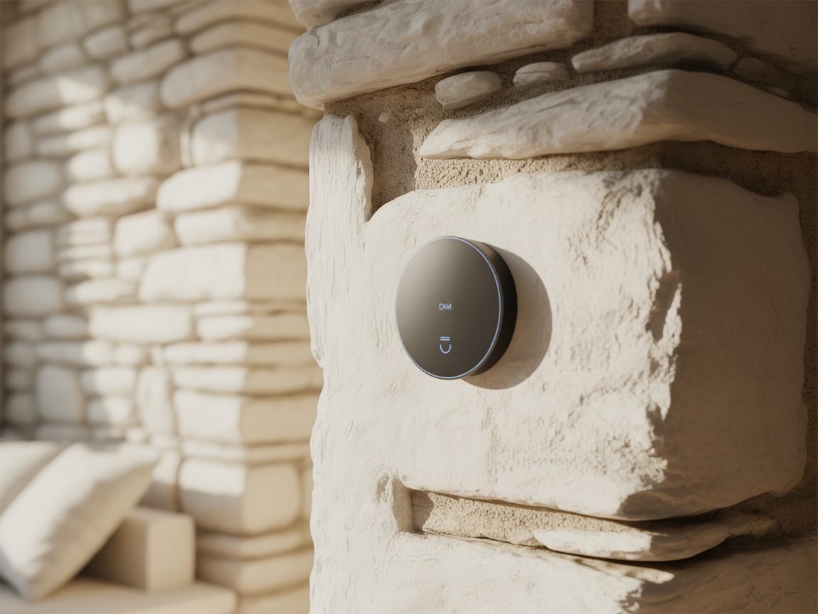 Smart thermostat mounted on a whitewashed Greek wall — modern home monitoring