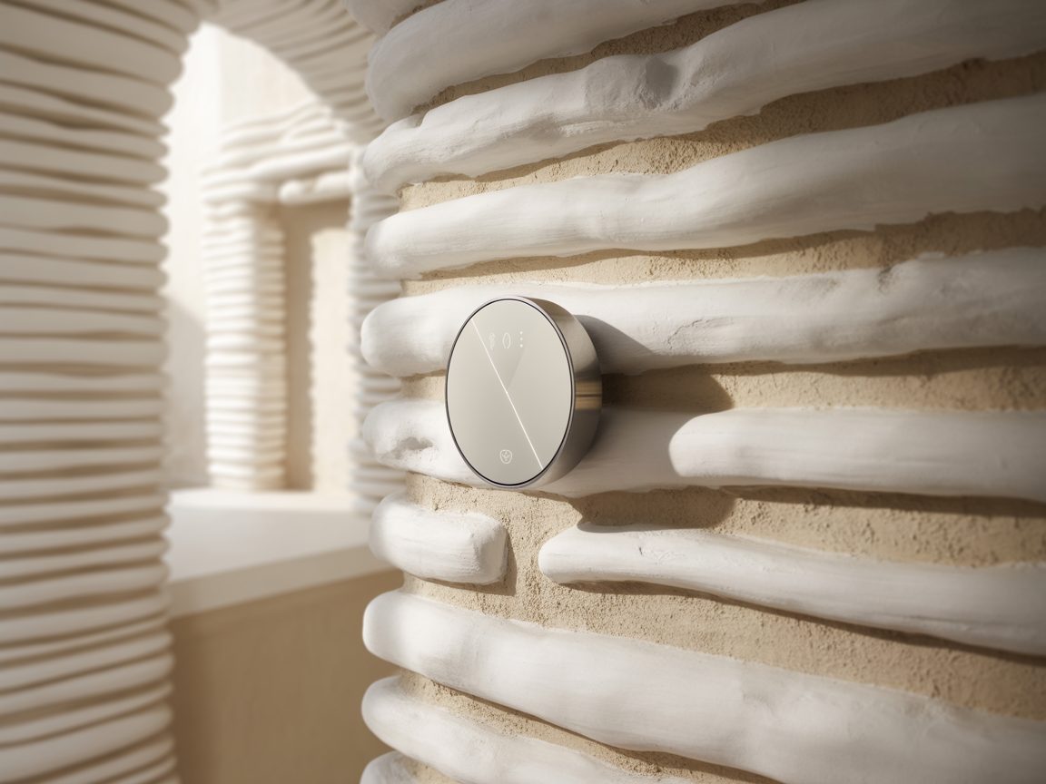 Smart thermostat mounted on a whitewashed Greek wall — modern home monitoring