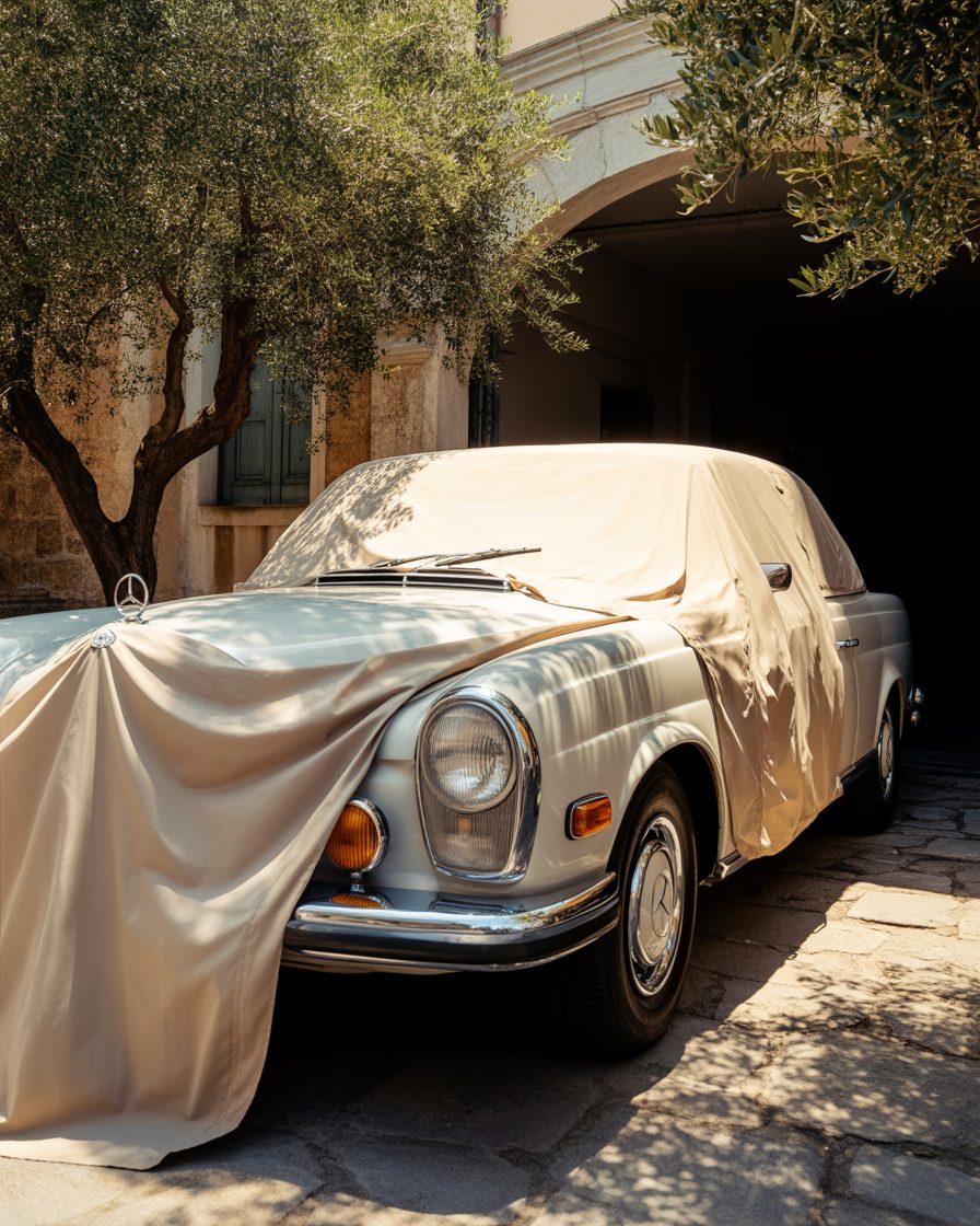 Vintage car under a dust sheet in a Athens, Monastiraki garage — Estia vehicle care